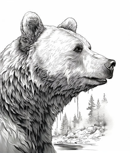 Bear portrait vector drawing, geof darrow style, hyper-realistic