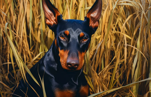 Doberman pinscher dog in grass, orange and dark blue style