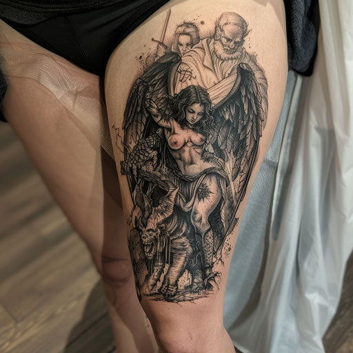 Angel and demon thigh tattoo Gerald Brom style