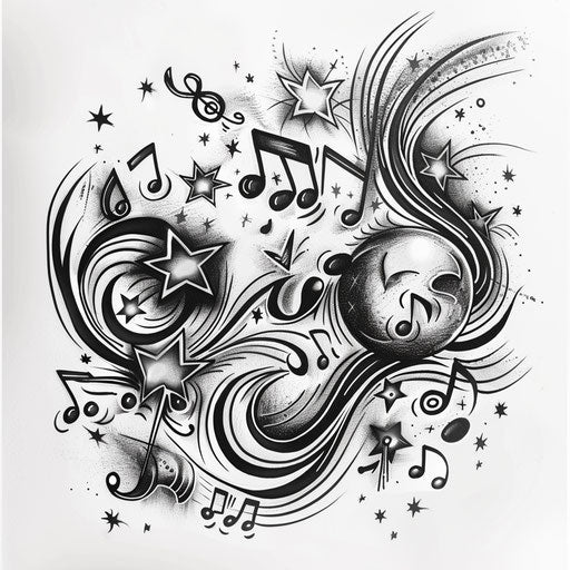 Lively flat tattoo illustration of a wedding dance floor with music notes and stars