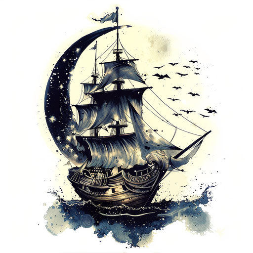 Pirate galleon sailing under moonlight