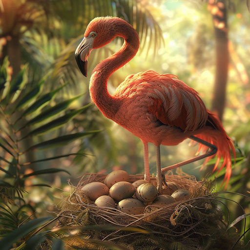 Warm depiction of a flamingo nest with eggs about to hatch