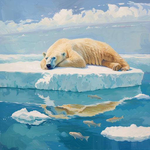 Polar bear lounging on an ice floe, lazily watching fish swim