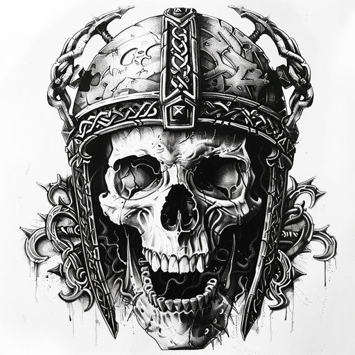 Skull in medieval helmet surrounded by intricate knotwork - tattoo on white background