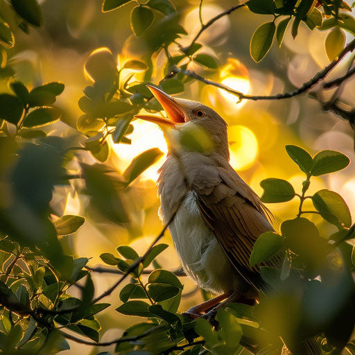 Yellow billed cuckoo singing at sunset