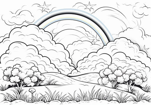 Coloring page with rainbow and clouds, pleasing landscapes style