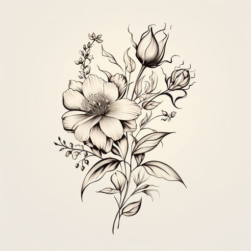 Botanical hand drawn drawing with leaves and flowers