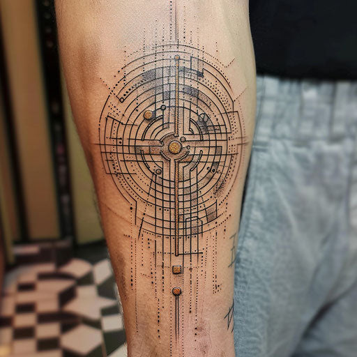 Art Deco labyrinth tattoo in black and gold on white background