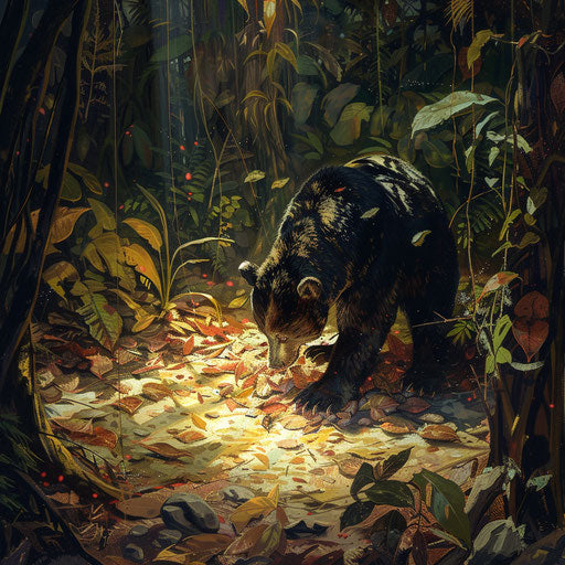 Malayan sun bear digging in forest floor