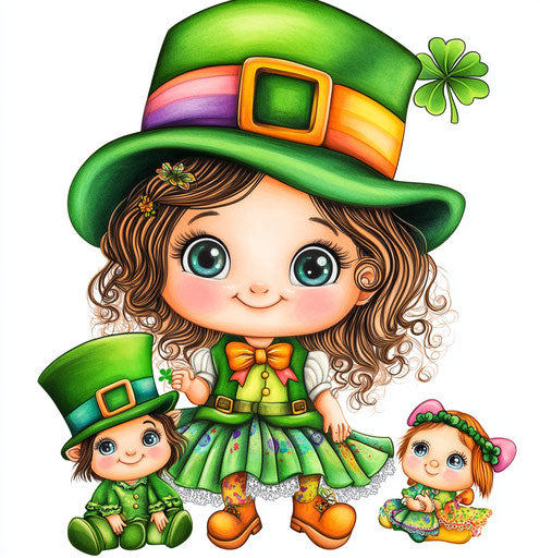 St. Patrick's Day baby girl with leprechaun and cute doll