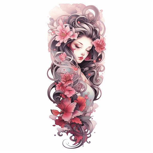 3D tattoo stickers in geisha style, dark pink and light gray