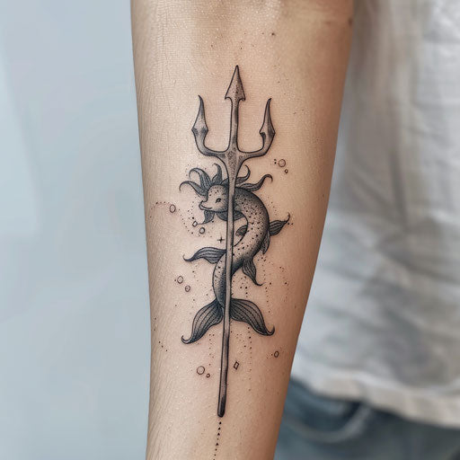 Whimsical trident tattoo with mythical creatures on white
