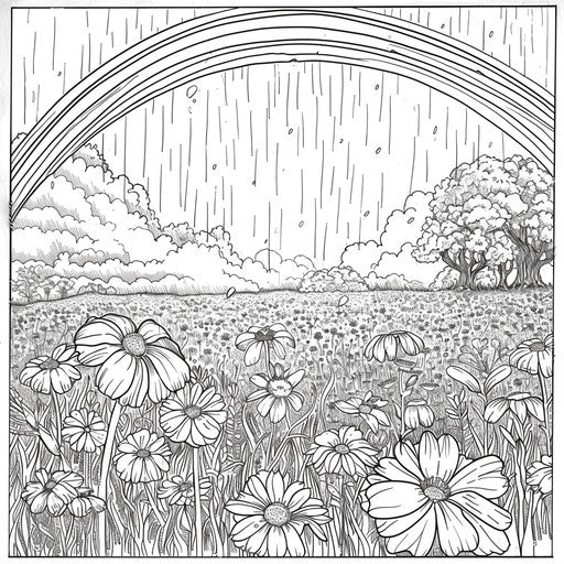 Rainbow over a field of flowers during a rain shower.