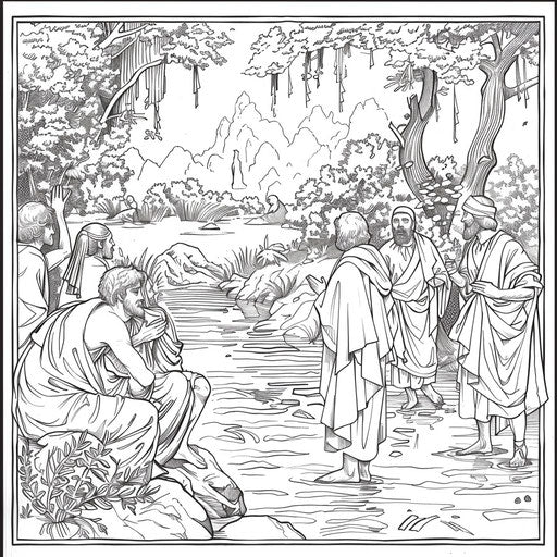Scene of Jesus' baptism in the Jordan River. Coloring book page