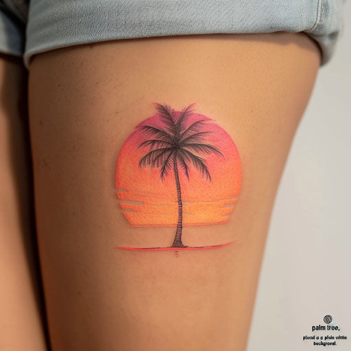 Minimalist sunset tattoo with gradient colors from pink to orange on white background