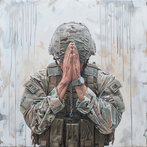 Soldier's prayer, clasped hands on dog tags, on white canvas
