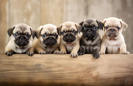 Pug pups peering out from wooden board