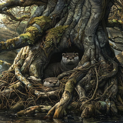 A rare glimpse of an otter's den, nestled in the roots of a riverside tree.