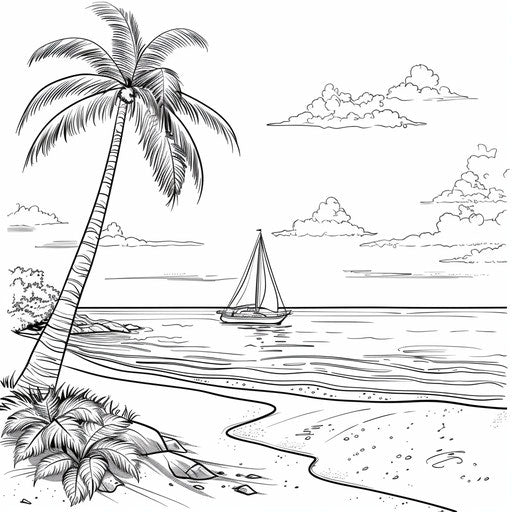 Beach scene with palm tree and sailboat in the distance