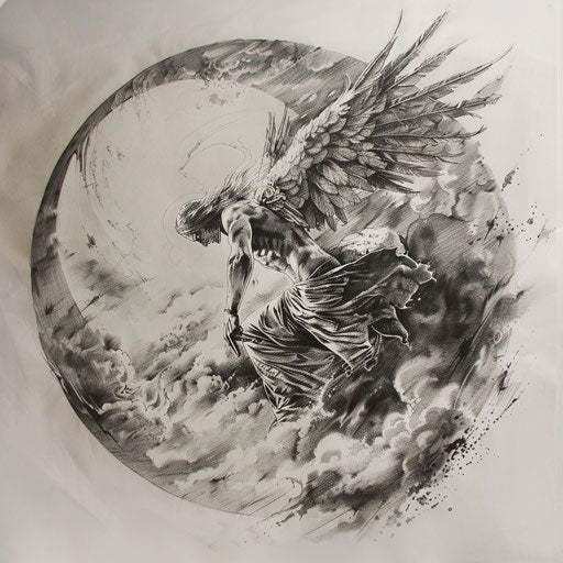 Dynamic tattoo sketch of the angel of death soaring through clouds in stormy grey tones