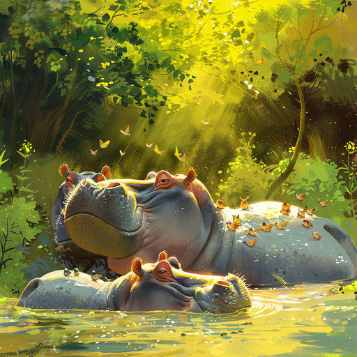 Family of hippos lounging in a sun-dappled river