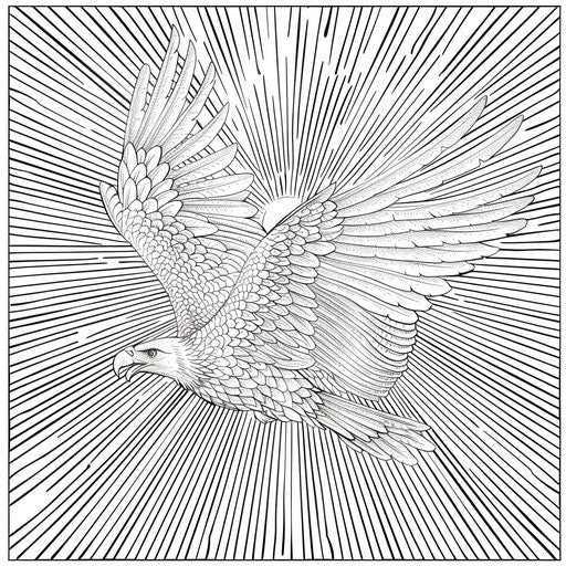 Eagle soaring with outstretched wings on sunburst backdrop