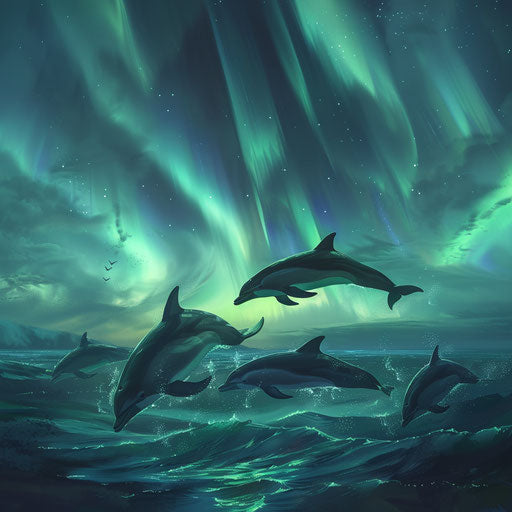 Dolphins gliding under the ocean's luminous aurora
