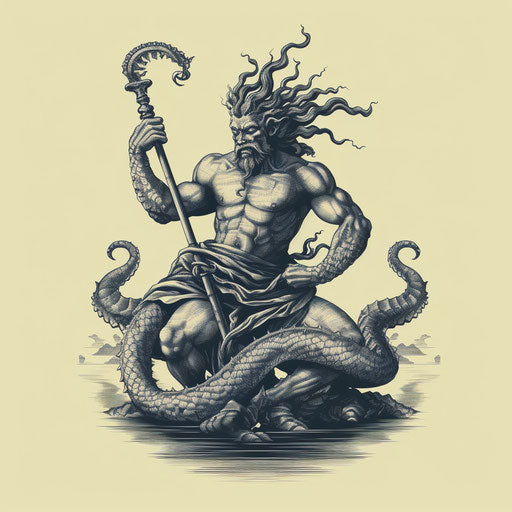Vintage illustration of a satyr with cobra tattoo and sword