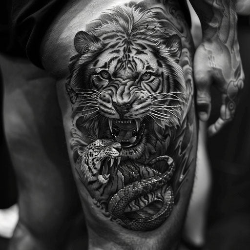 Realistic thigh tattoos for men with animals in black and gray