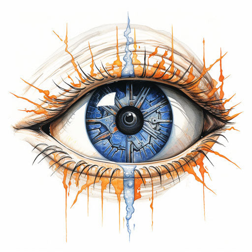 Eye with blue and orange lightning bolt on white background