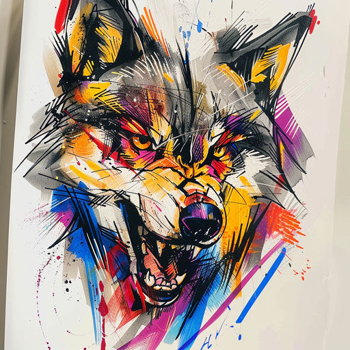 Expressionist tattoo sketch of a wolf with dynamic brush strokes and vivid colors