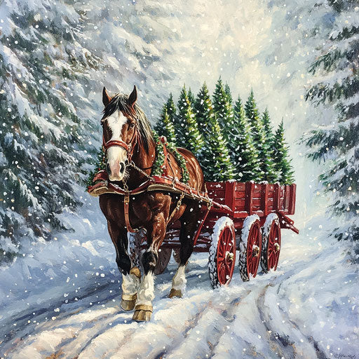 Strong Clydesdale horse pulling a red wagon loaded with Christmas trees through a snowy pine forest