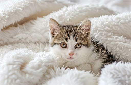 Cute white kitten on a fluffy white blanket