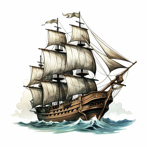 Pirate ship clipart in the style of Chiaroscuro Art, on white background