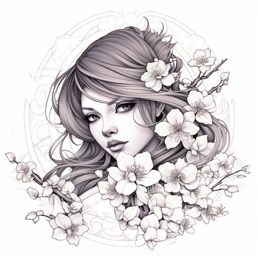 Black and white coloring page with cherry blossom-style flowers in delicate lines