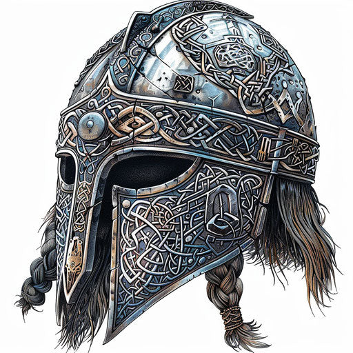 Viking helmet with Norse patterns, on white background