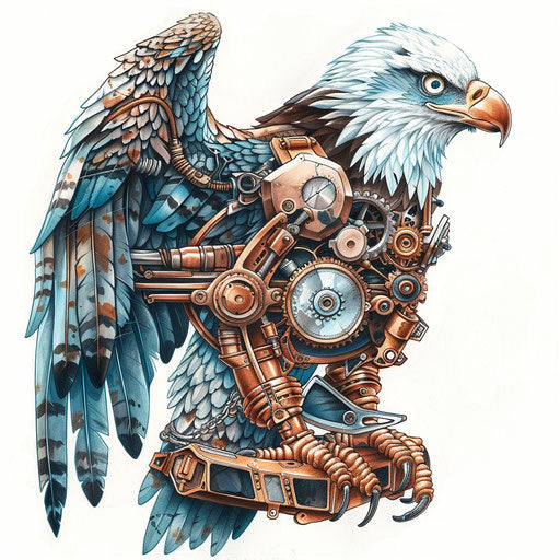 Steampunk eagle tattoo concept, mechanical gears and copper pipes, on a white background.
