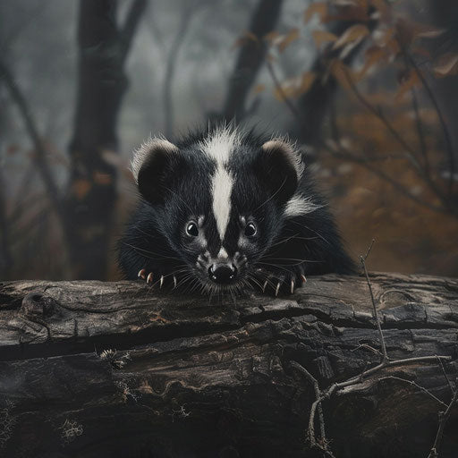 A skunk peering over a fallen log with a forest backdrop in the style of Tim Flach