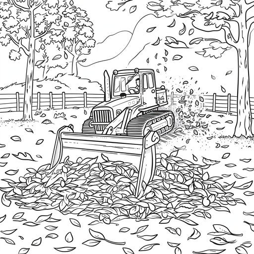 Bulldozer pushing autumn leaves in a park