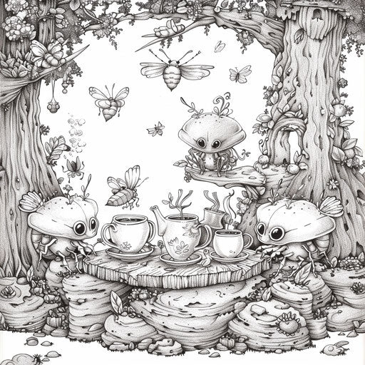 Whimsical bugs tea party with tiny teacups