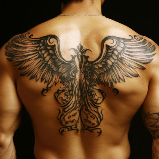 Tribal wings back tattoo with wings stretching across shoulders