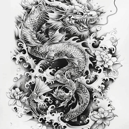 Sketch of a dragon and koi fish tattoo in traditional Japanese style, full sleeve for men