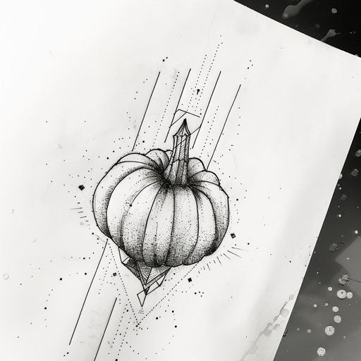 Minimalist black and white tattoo sketch with geometric pumpkin design