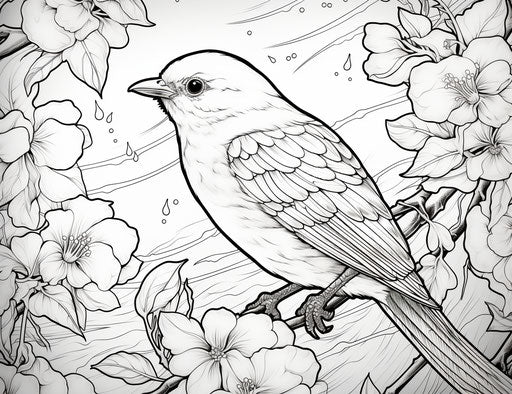 Flower and bird coloring page with rain fall inc rain colouring, in the style of cottagepunk, flowerpunk, captivating, child's drawing, murals and wall drawings, solarizing master, storybook-like 31:24