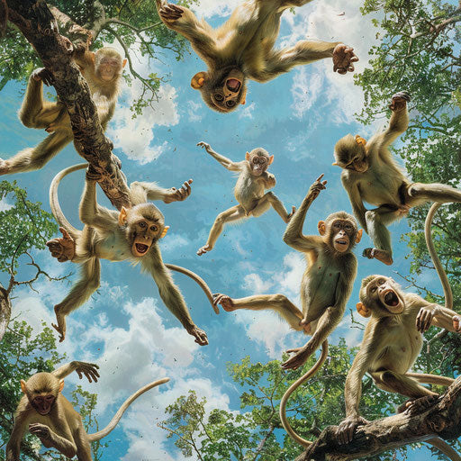 Monkeys playing tag among treetops