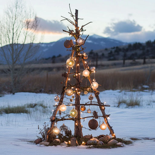 Outdoor Christmas tree adorned with solar lights and natural decorations in snowy meadow.