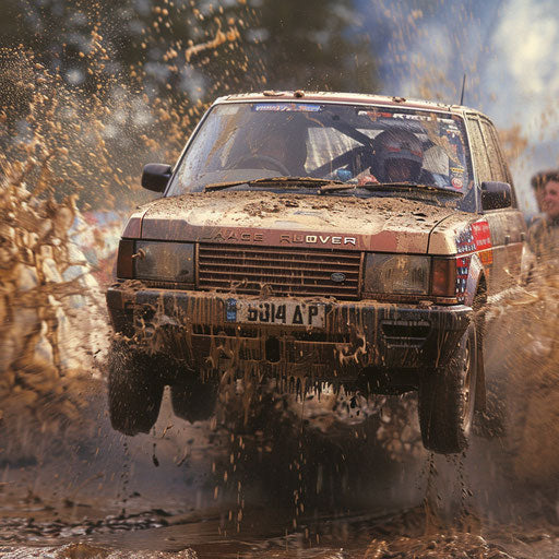 Modified rally Range Rover covered in mud jumps in rally race