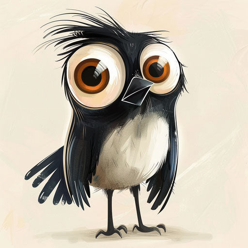 Charming flat tattoo sketch of a cartoonish magpie with oversized eyes