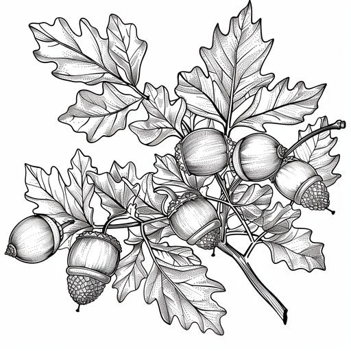 A cluster of acorns on an oak branch with detailed leaves. Coloring book page