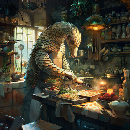 A pangolin chef in a bustling kitchen, cooking exotic dishes.